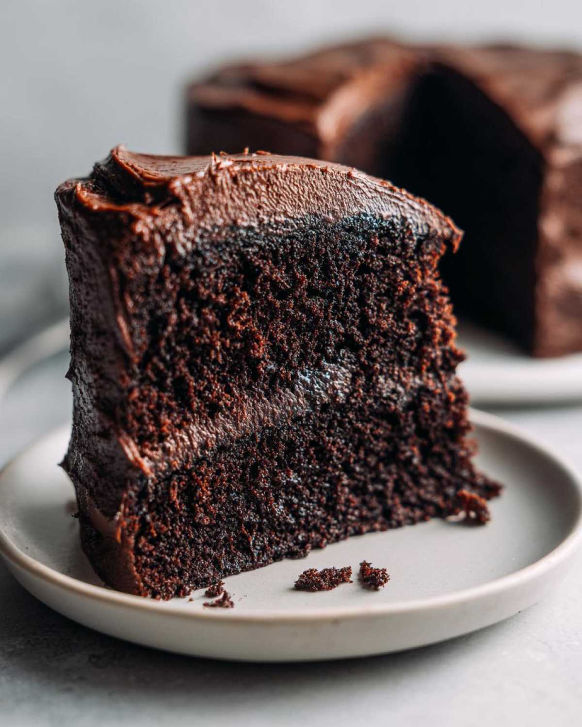 A close-up of a thick slice of moist chocolate cake covered in dark chocolate frosting on a plate.