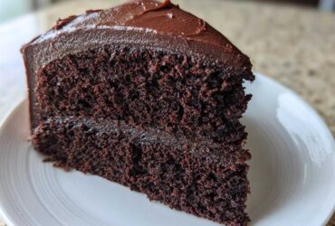 Close-up of a thick slice of moist chocolate cake layered with dark chocolate frosting.