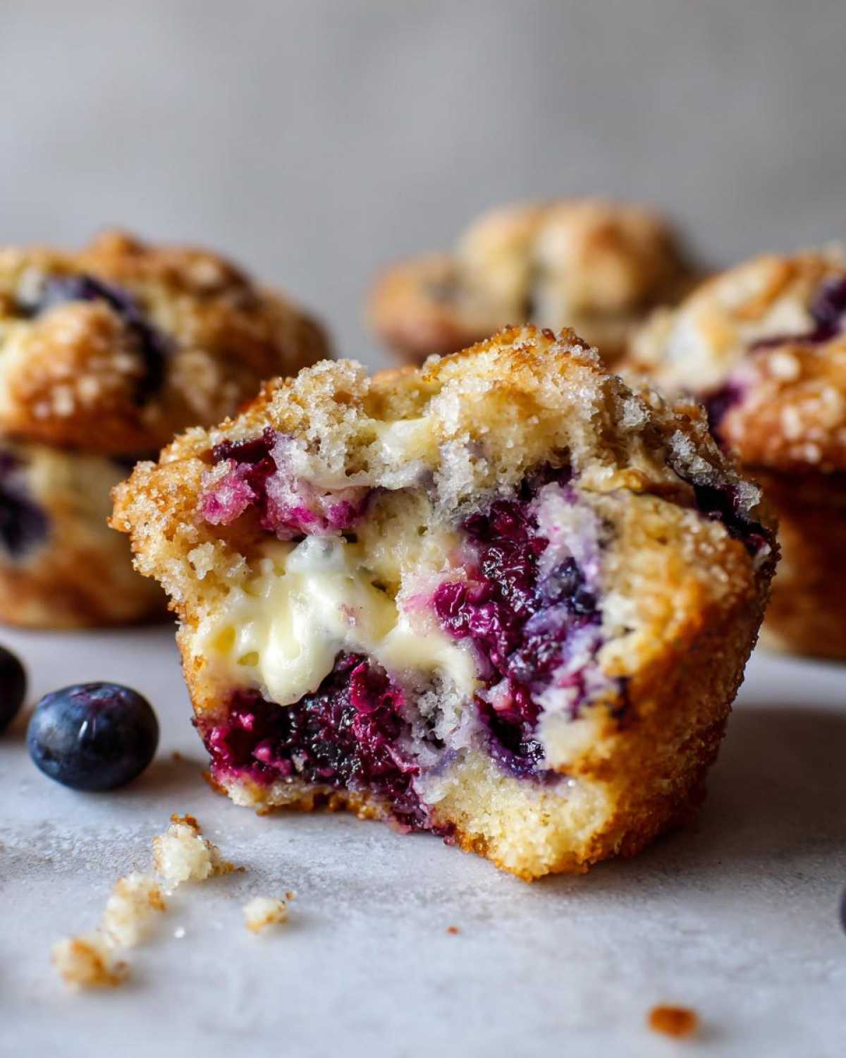 A close-up view of a blueberry muffin cut in half, revealing a rich, moist interior with a visible cream cheese filling and sugar topping.
