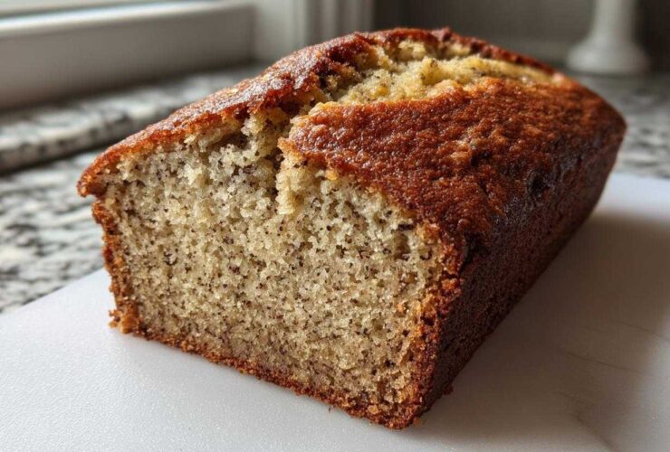 A freshly baked loaf of greek yogurt banana bread, showing a moist crumb texture and golden brown crust.