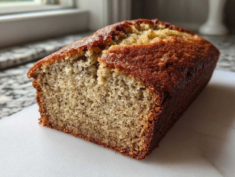 A freshly baked loaf of greek yogurt banana bread, showing a moist crumb texture and golden brown crust.