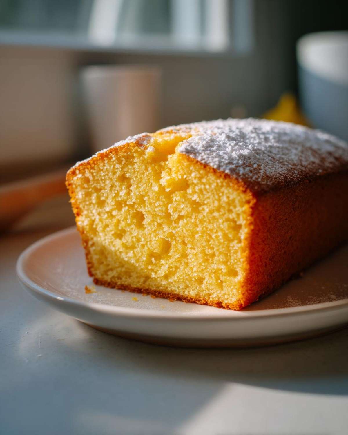 Close-up of a moist, yellow slice of olive oil cake dusted with powdered sugar, sitting on a white plate.