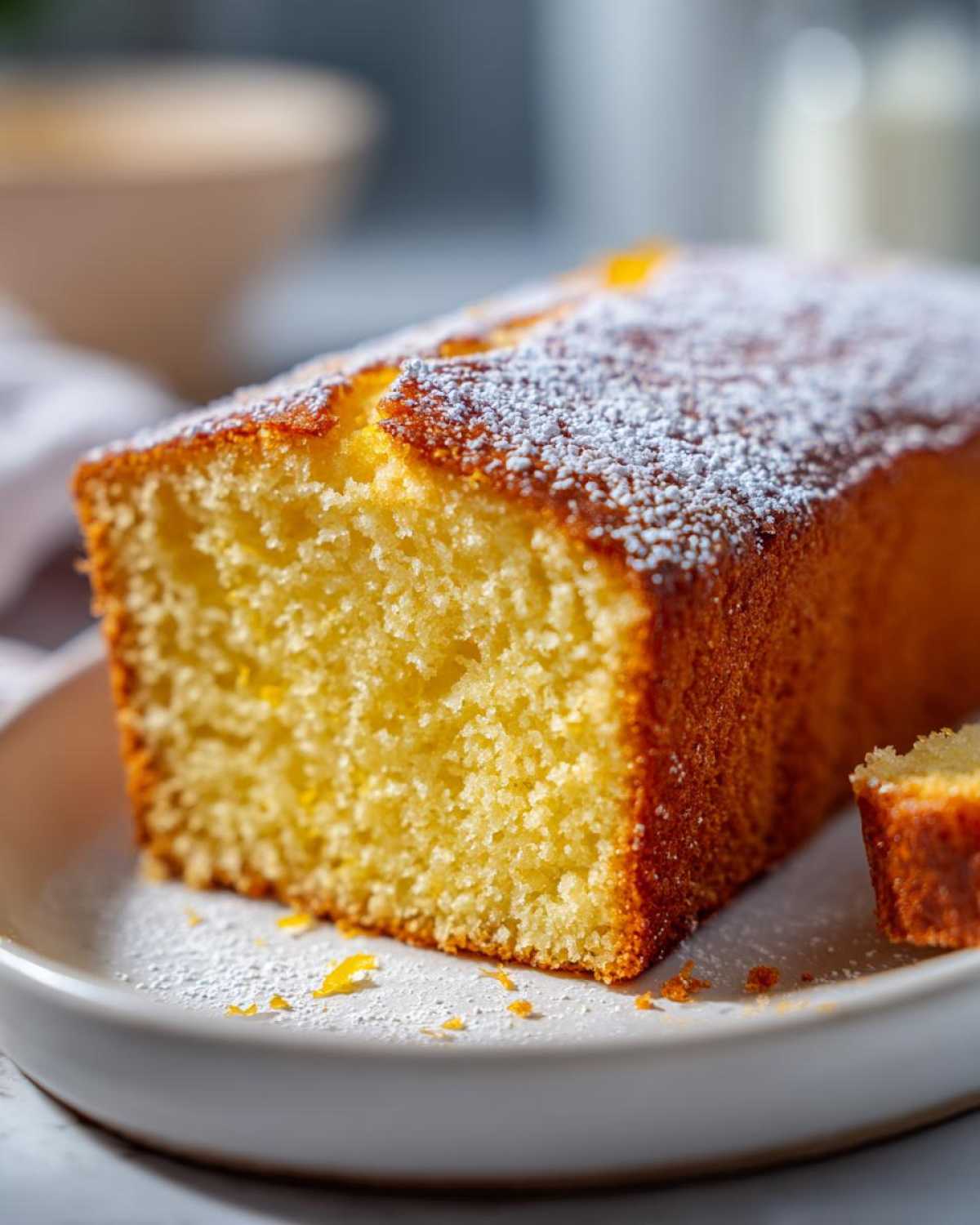 Close-up of a moist, golden slice of homemade olive oil cake dusted with powdered sugar.