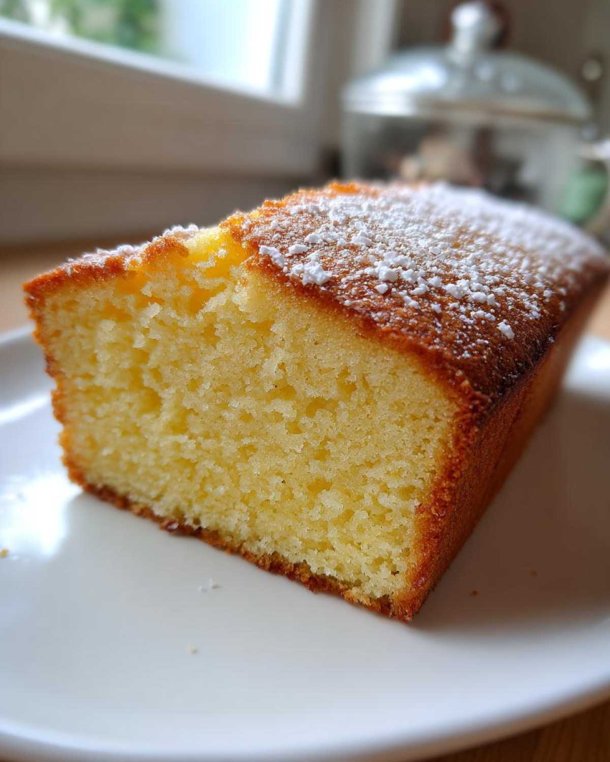 A close-up view of a moist slice of golden olive oil cake dusted with powdered sugar, served on a white plate.