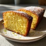 Two slices of bright yellow olive oil cake dusted with powdered sugar on a small plate.