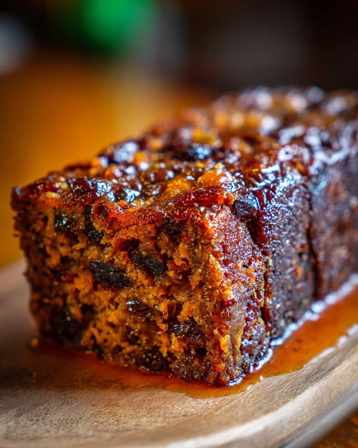 Close-up of a rich, dark, and moist slice of plum pudding dripping with glaze.