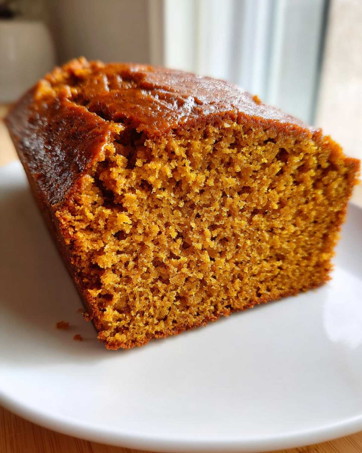 Close-up of a slice of moist pumpkin bread showing its rich orange color and tender crumb texture.