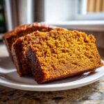 Close-up of two moist, rich orange slices of pumpkin bread served on a white plate.