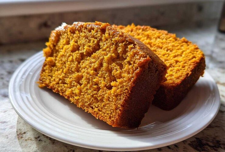 Two thick slices of moist, orange-colored pumpkin bread sitting on a white plate.
