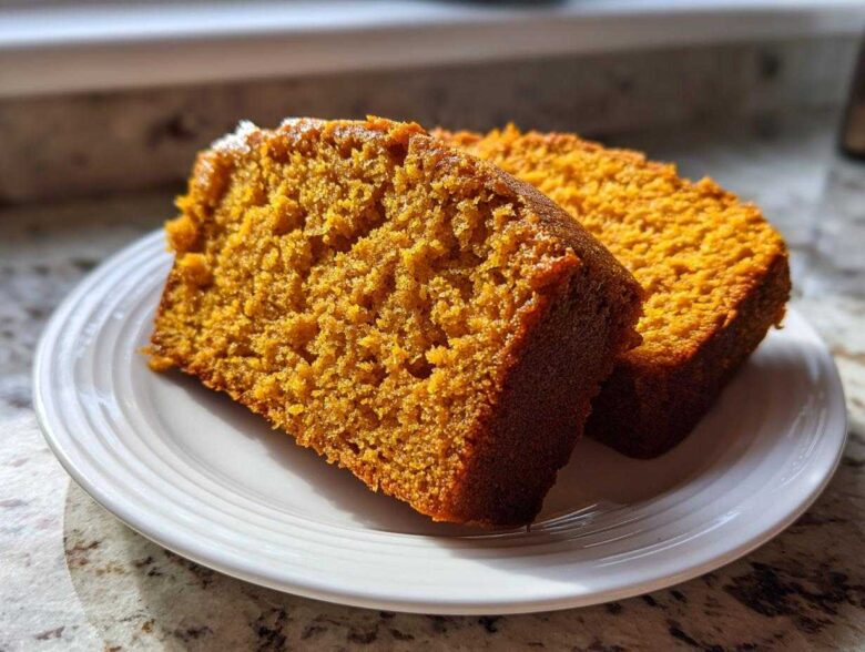 Two thick slices of moist, orange-colored pumpkin bread sitting on a white plate.