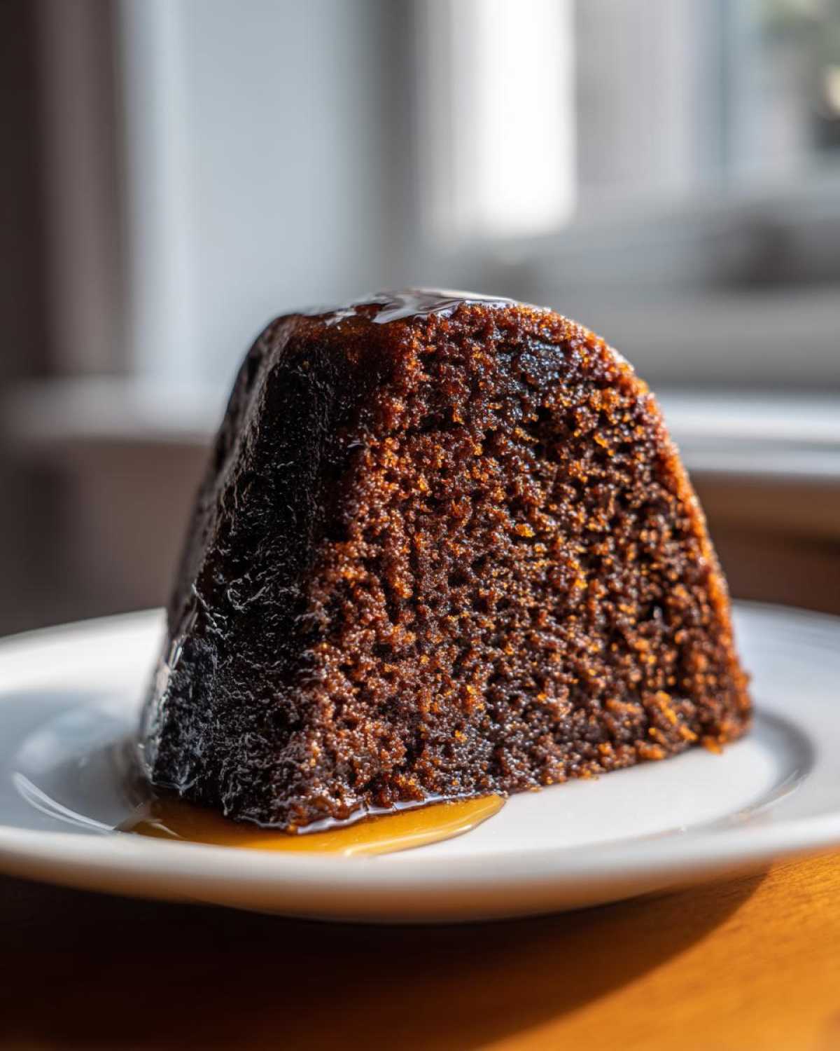 Close-up of a dark, moist slice of rum cake recipe, glistening with a rich glaze on a white plate.