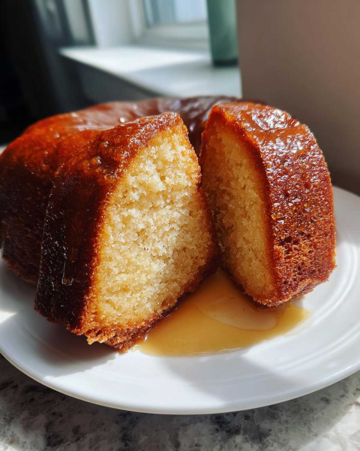 Close-up of a slice cut from a moist rum cake recipe, showing the crumb texture and golden rum glaze pooling on the white plate.
