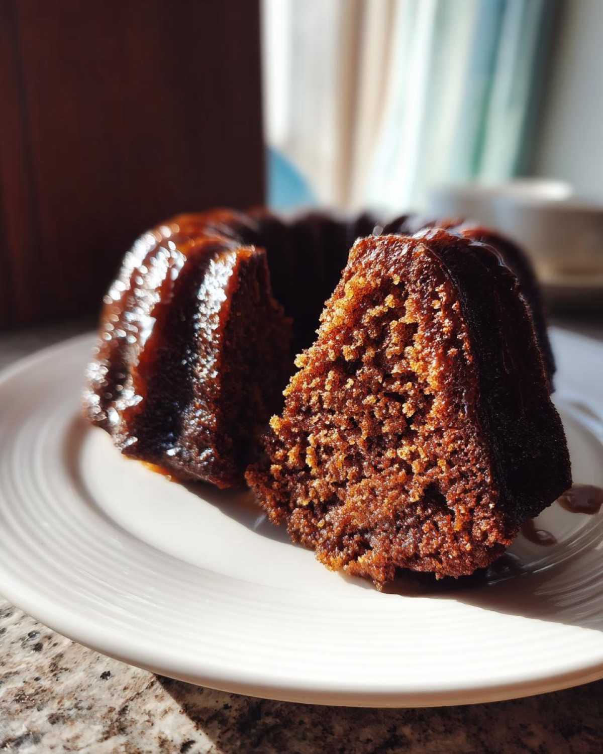 Close-up of a slice taken from a dark, moist rum cake recipe, showing the crumb texture and shiny glaze.