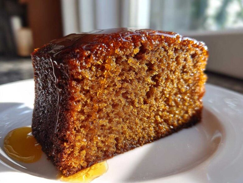 Close-up of a moist slice of dark brown rum cake recipe, dripping with shiny glaze.