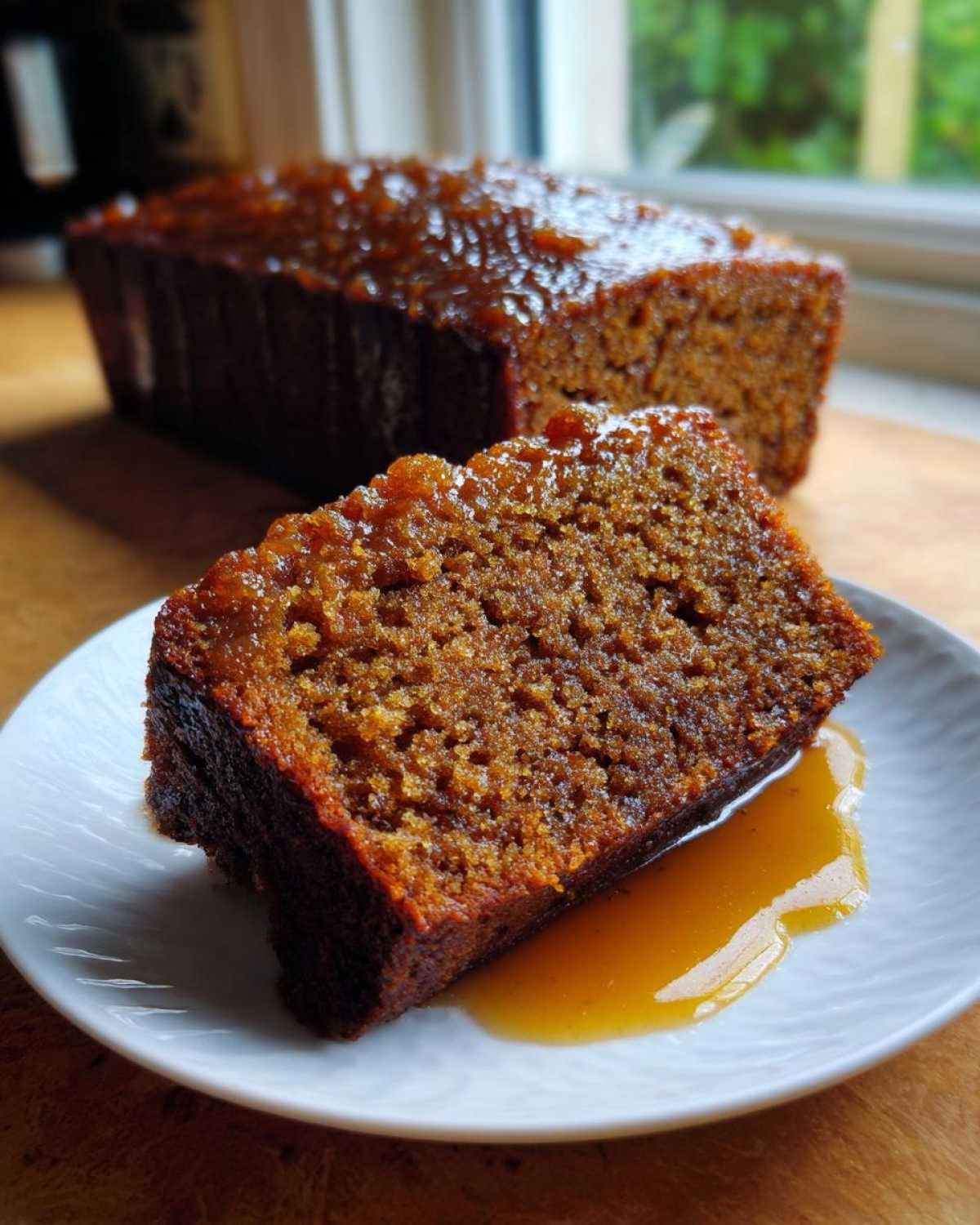 A slice of moist rum cake recipe sitting on a white plate with extra rum glaze pooling beneath it.