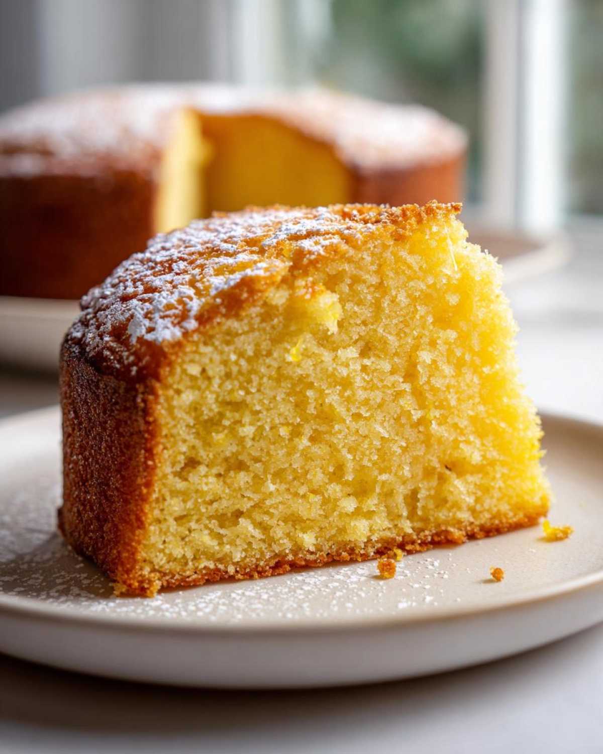 Close-up of a moist, yellow slice of olive oil cake dusted with powdered sugar on a neutral plate.