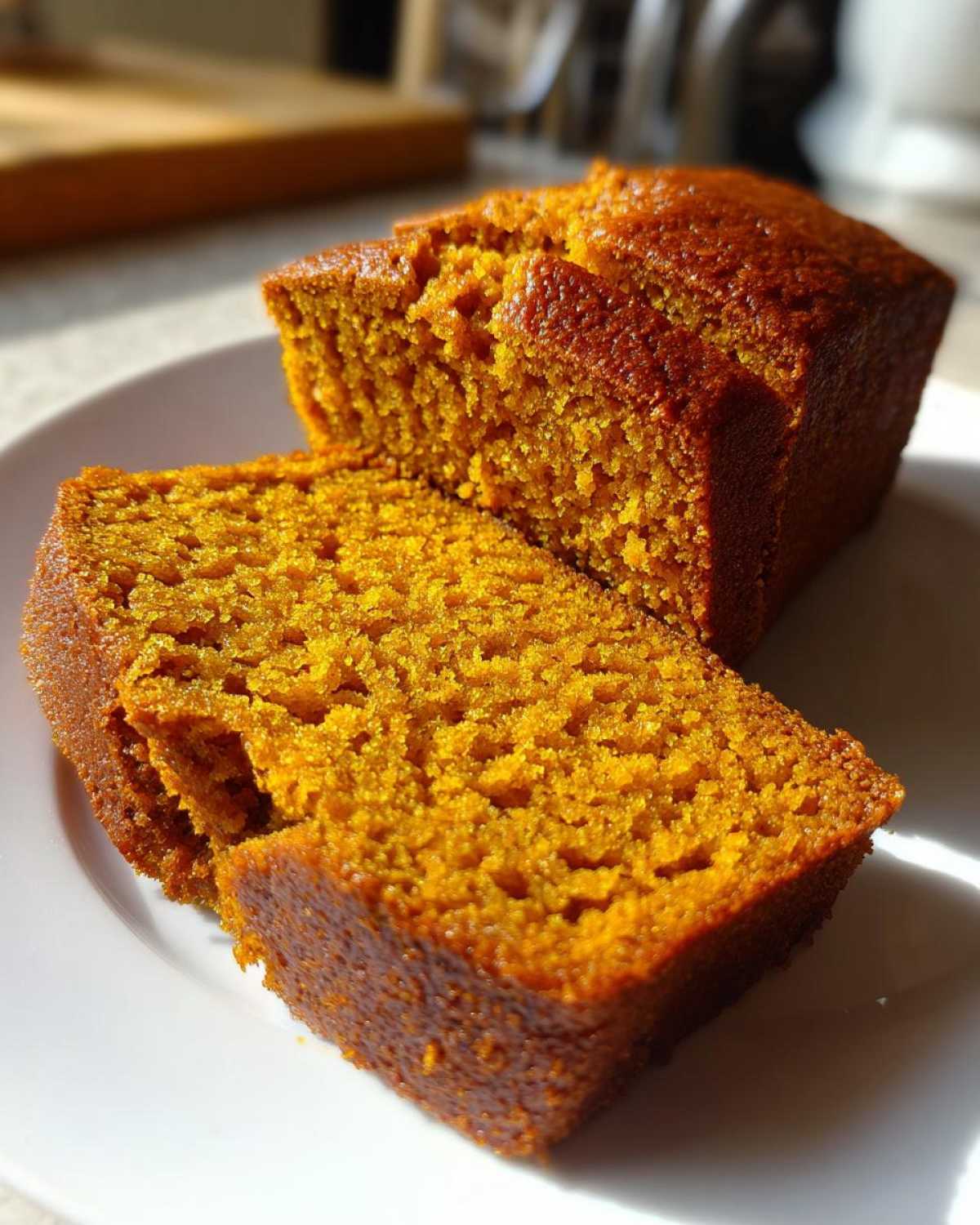 Close-up of two moist slices of bright orange pumpkin bread on a white plate.