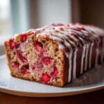 A freshly baked loaf of moist strawberry bread, topped with a thick white glaze and visible chunks of bright red strawberries.