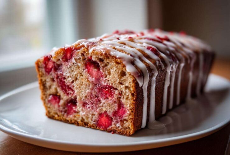 A freshly baked loaf of moist strawberry bread, topped with a thick white glaze and visible chunks of bright red strawberries.