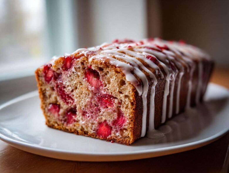 A freshly baked loaf of moist strawberry bread, topped with a thick white glaze and visible chunks of bright red strawberries.