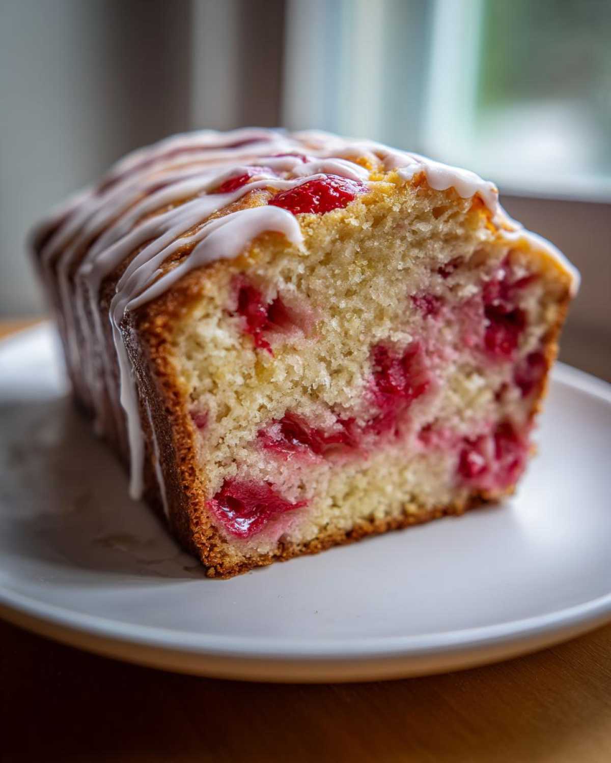 Cross-section view of moist strawberry bread loaf topped with a white vanilla glaze, showing bright red strawberries inside.