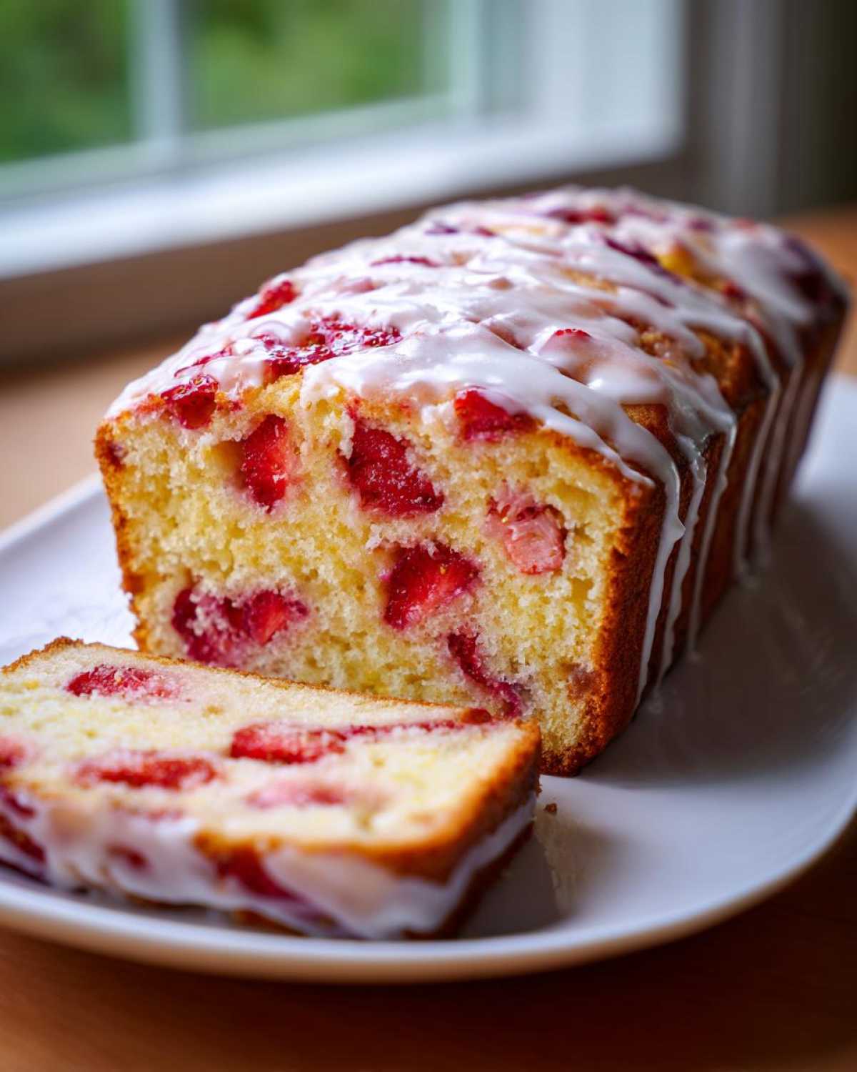 A moist strawberry bread loaf with a slice cut, drizzled with white vanilla glaze.