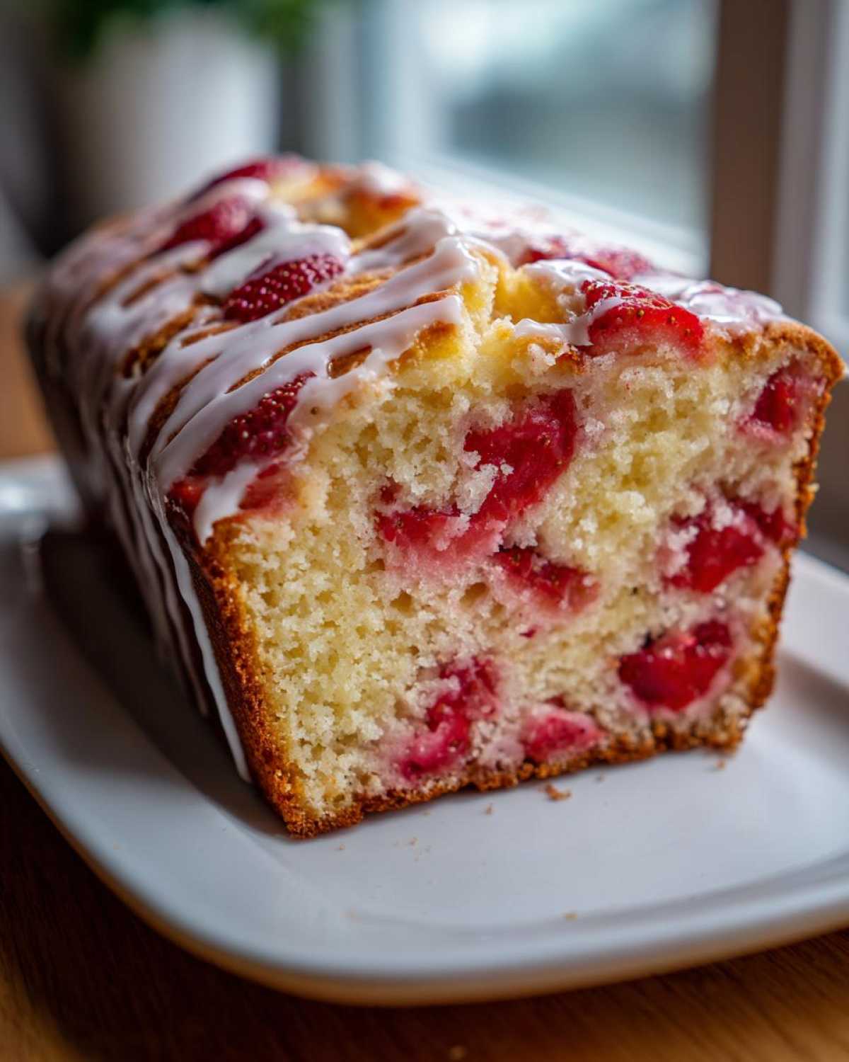 Close-up of a freshly baked, moist strawberry bread loaf with visible chunks of strawberries and a white glaze drizzle.