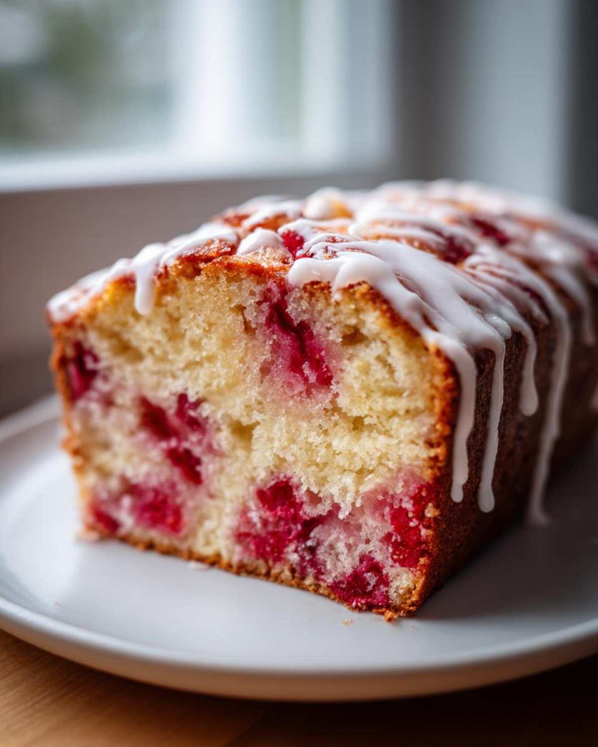 Close-up of a moist slice of strawberry bread featuring bright red berries and a white vanilla glaze drizzle.