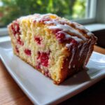A moist slice of strawberry bread studded with bright red berries and topped with a white vanilla glaze.