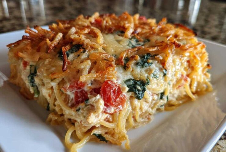 A close-up serving of baked monterey chicken spaghetti casserole with a crispy topping.