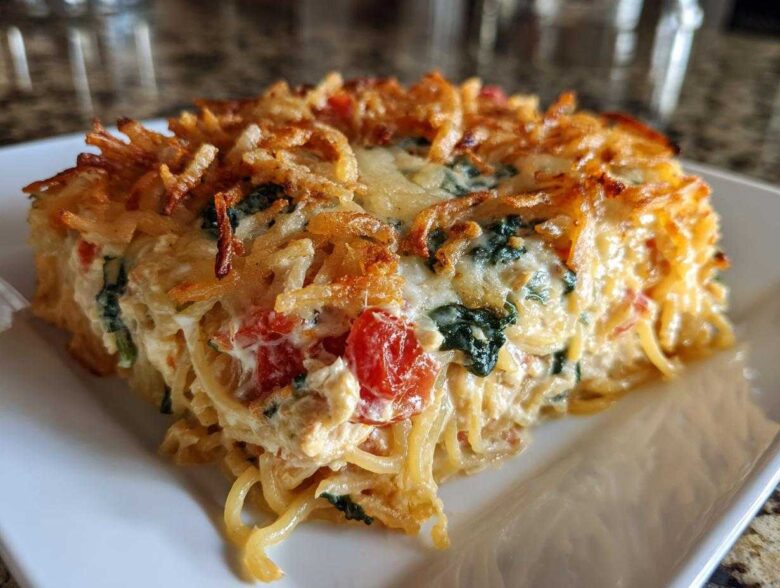 A close-up serving of baked monterey chicken spaghetti casserole with a crispy topping.
