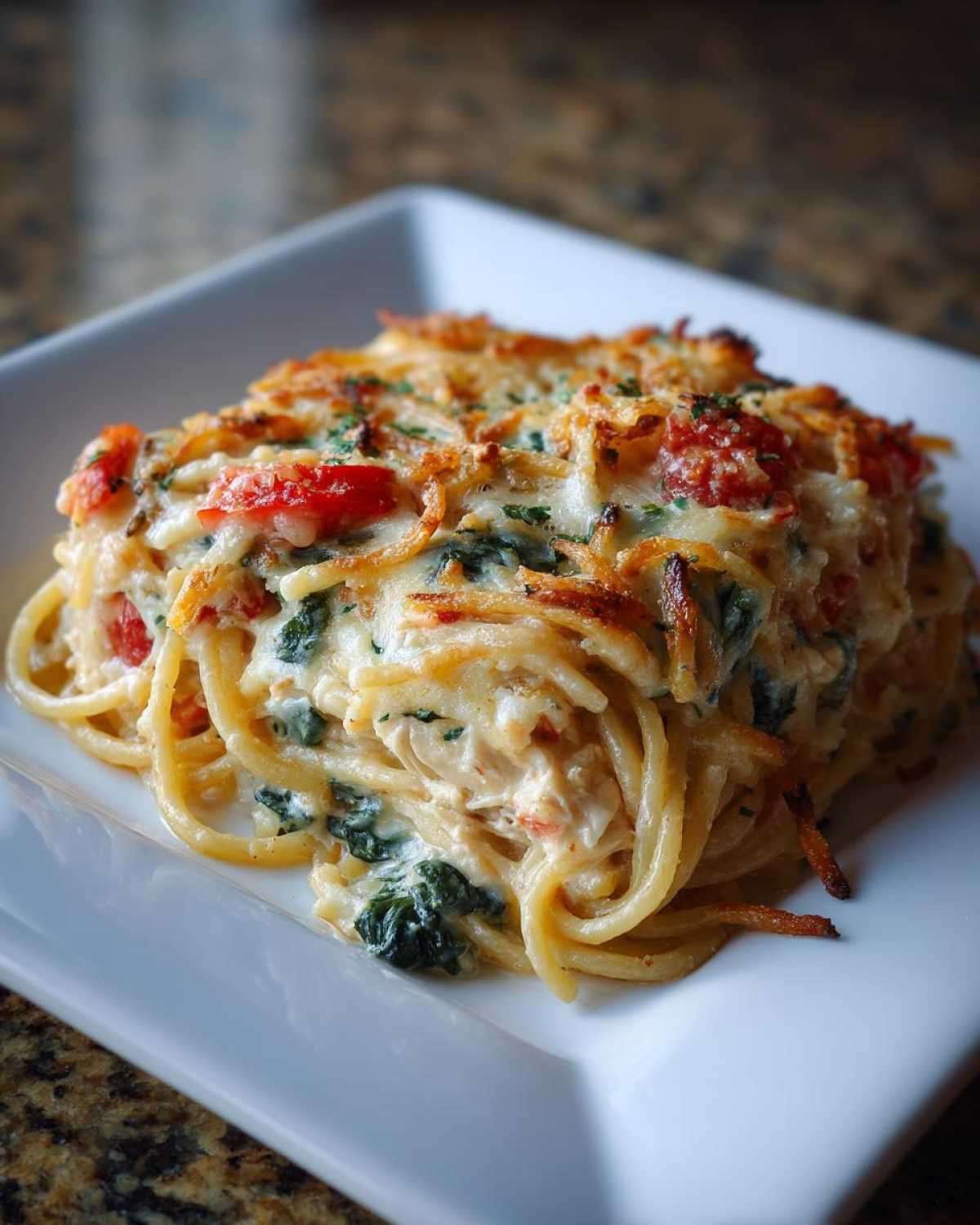 A close-up of a square serving of creamy monterey chicken spaghetti topped with melted cheese and diced tomatoes.