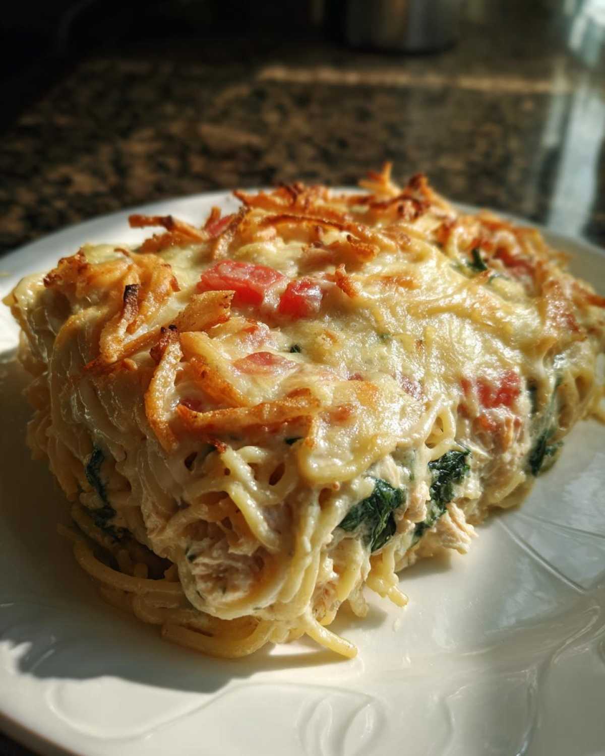 A close-up of a rich slice of monterey chicken spaghetti casserole topped with melted cheese and crispy edges.