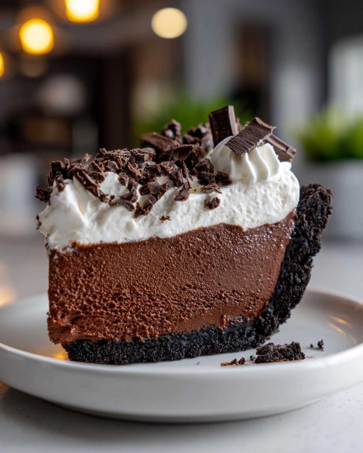 A decadent slice of no-bake chocolate mousse pie with a dark crust, topped with whipped cream and chocolate shavings.