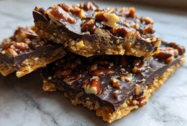 Close-up of stacked squares of rich Pecan Pie Bark showing a crunchy base, dark chocolate layer, and glossy pecans.