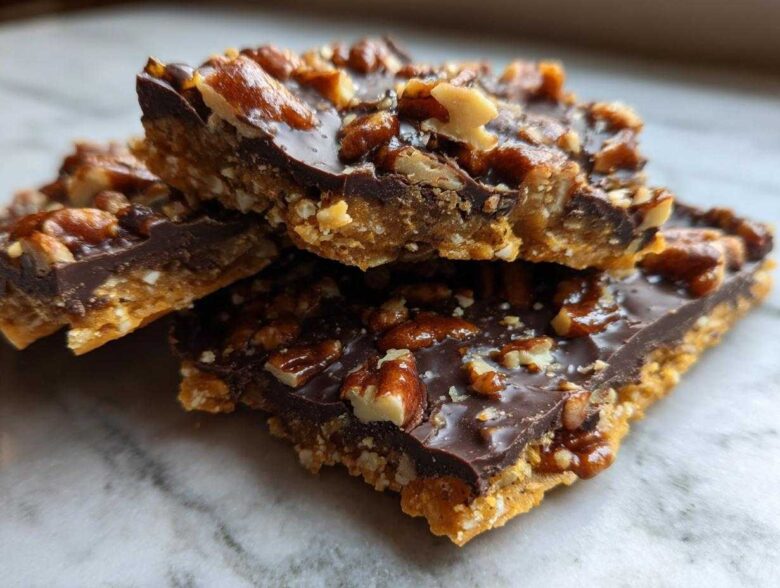Close-up of stacked squares of rich Pecan Pie Bark showing a crunchy base, dark chocolate layer, and glossy pecans.