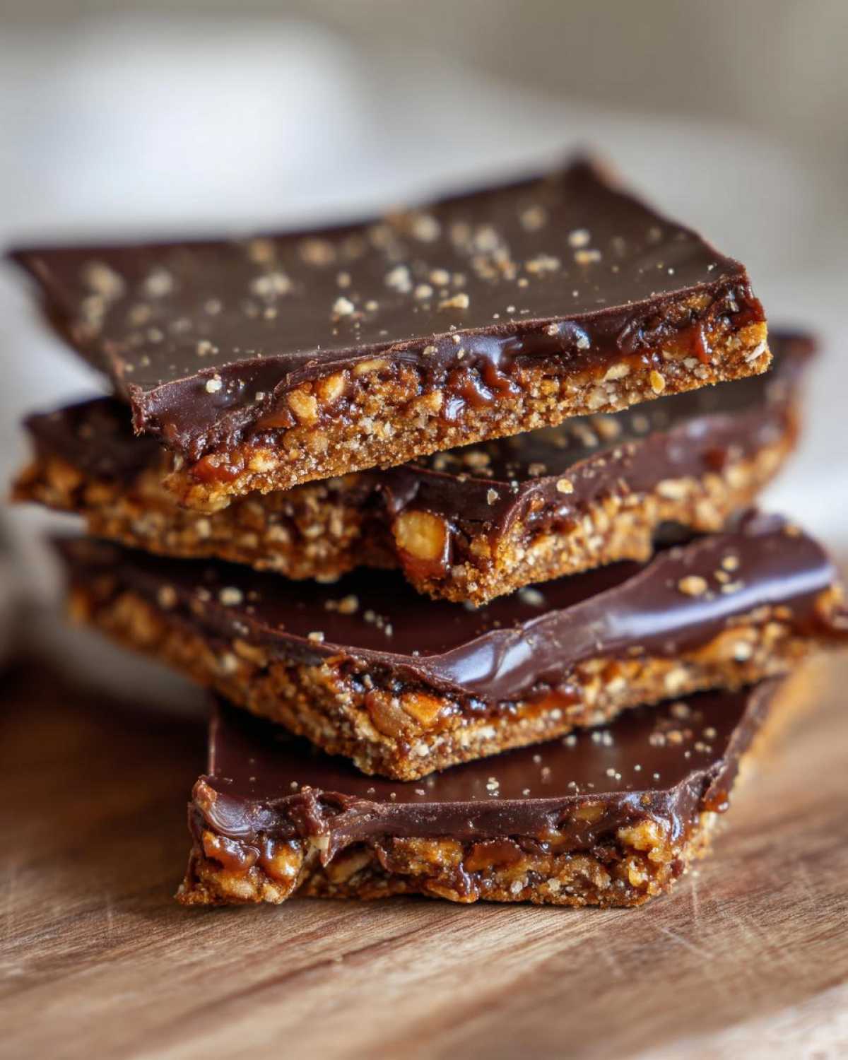 A stack of four squares of rich Pecan Pie Bark with a thick chocolate topping on a wooden board.
