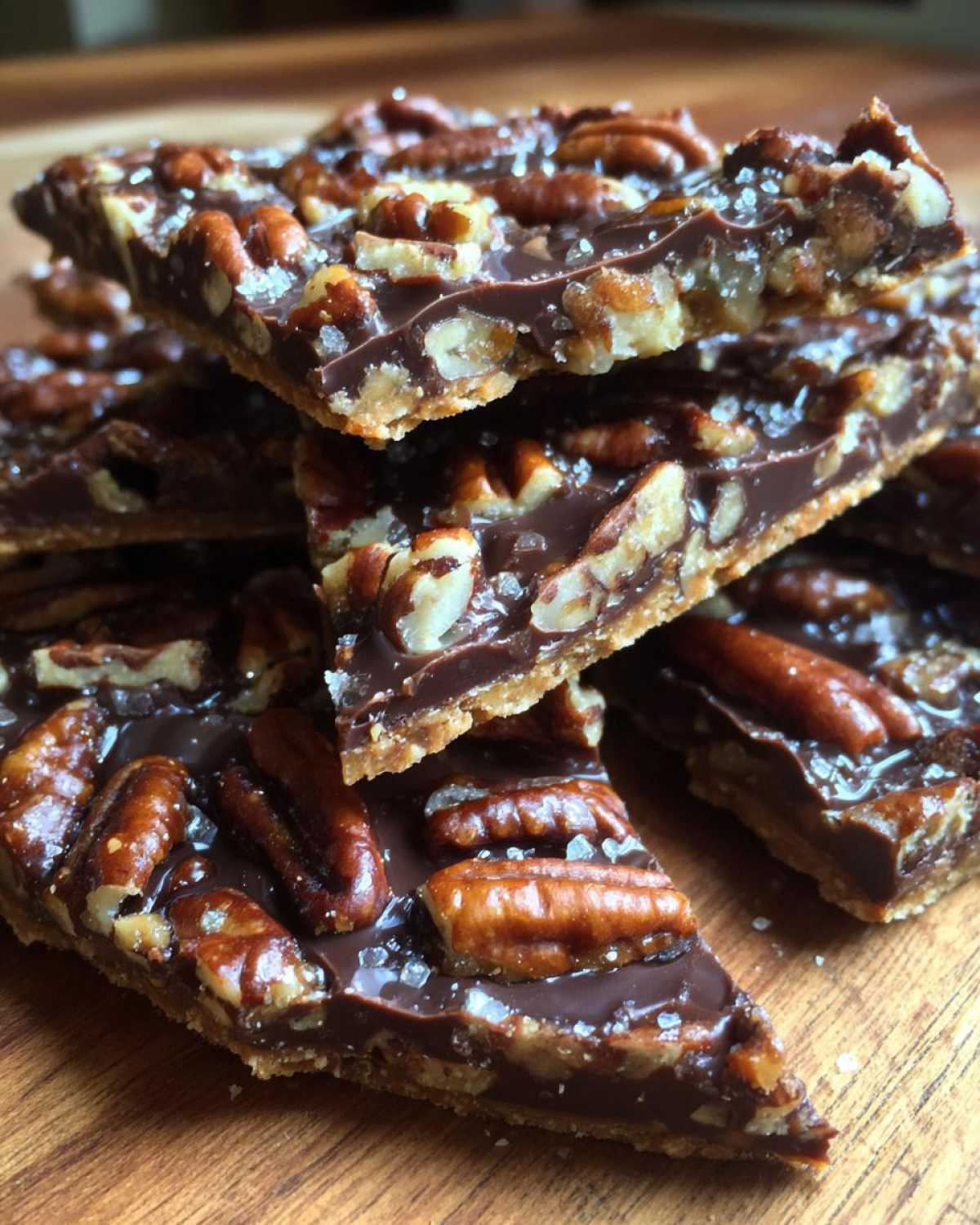 Close-up of stacked pieces of rich Pecan Pie Bark topped with whole pecans and sea salt.