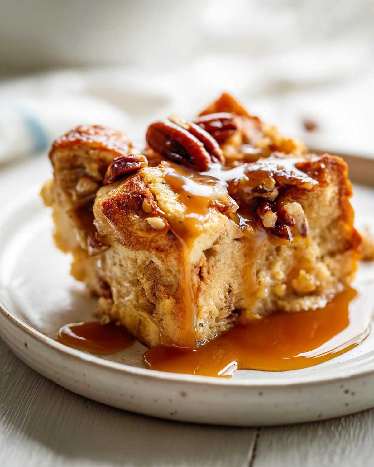 A decadent slice of pecan pie bread pudding topped with whole pecans and drizzled with rich caramel sauce.