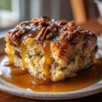 A close-up of a square serving of pecan pie bread pudding drenched in thick caramel sauce and topped with pecans.