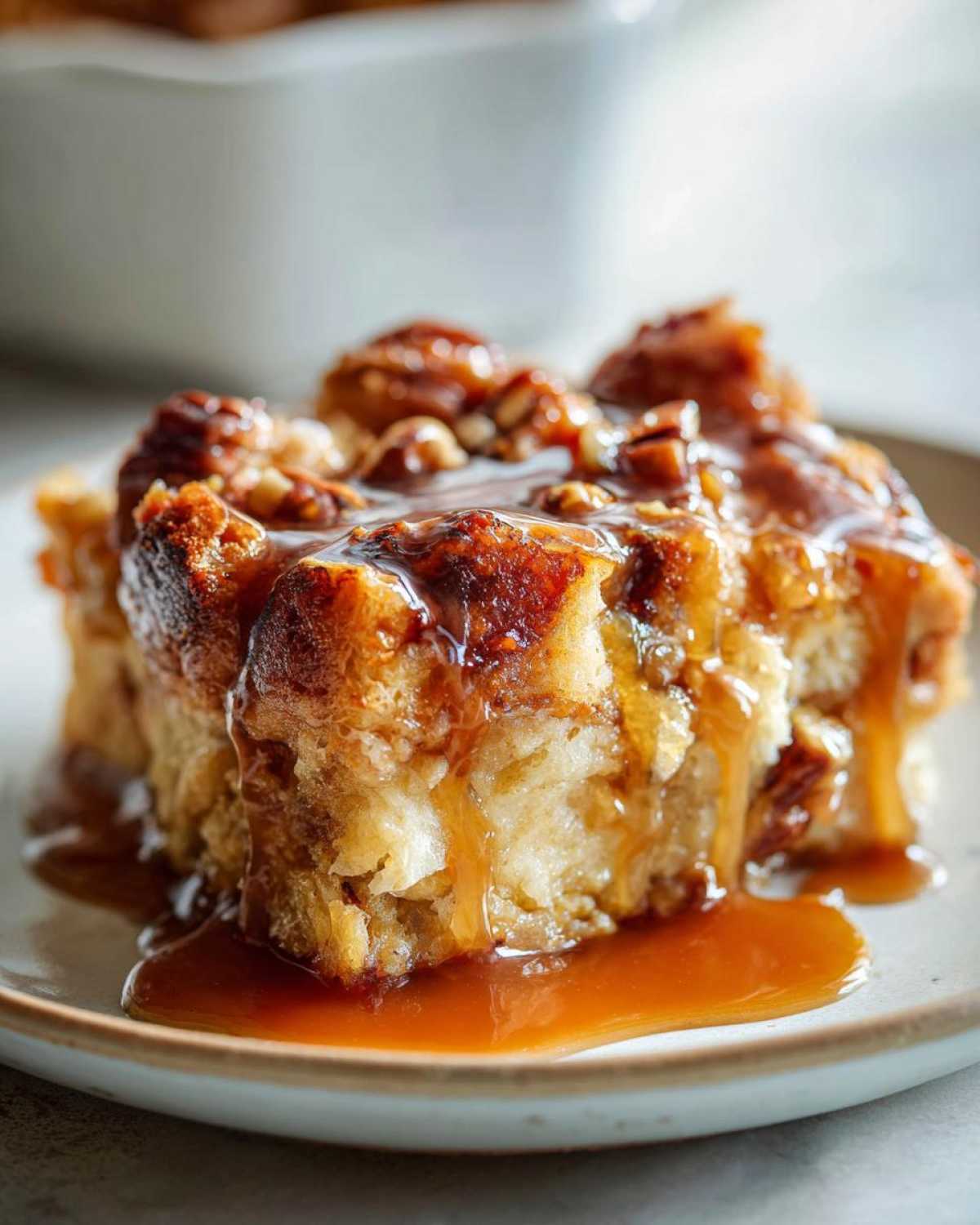 Close-up of a square serving of rich pecan pie bread pudding drenched in gooey caramel sauce.