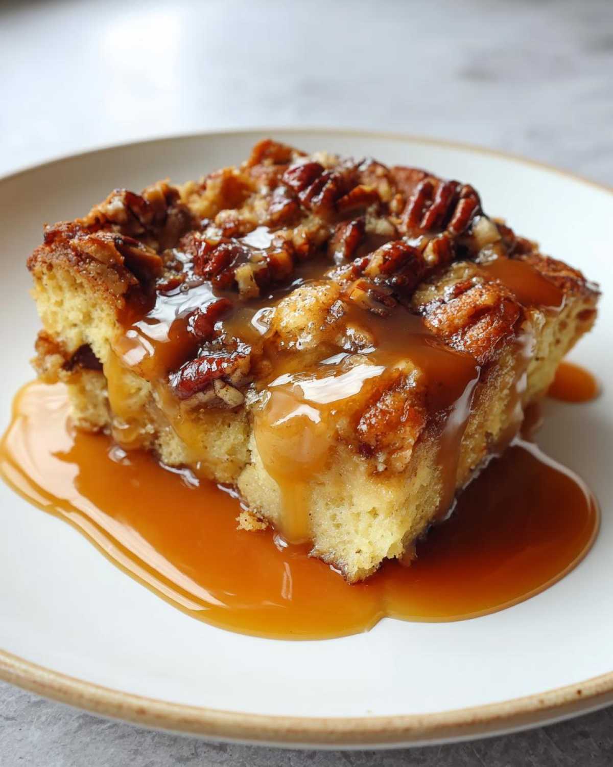 A close-up of a square serving of pecan pie bread pudding generously topped with pecans and dripping with rich caramel sauce.
