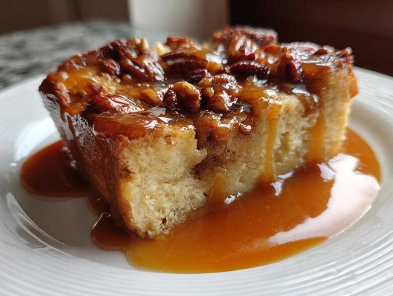 A close-up of a square slice of pecan pie bread pudding drenched in rich caramel sauce.