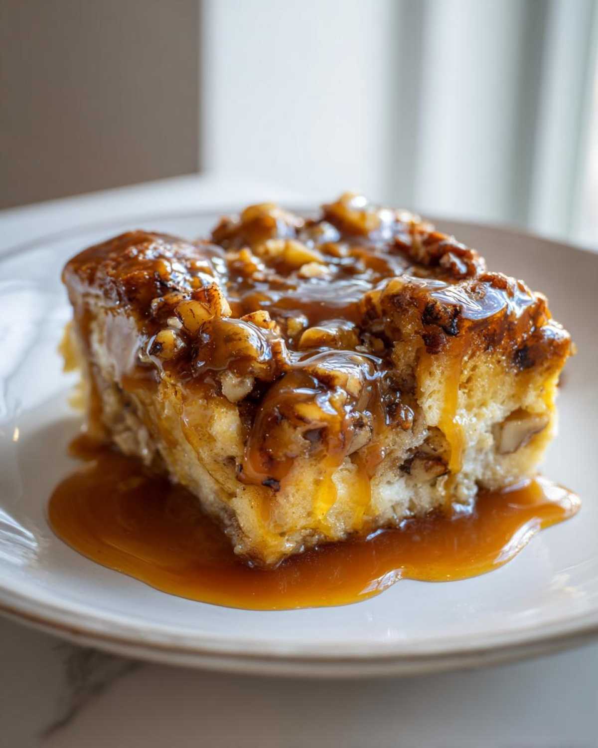 A close-up of a square serving of pecan pie bread pudding generously topped with caramel sauce and chopped pecans.