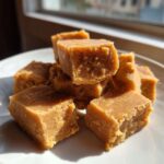 A stack of freshly cut, rich brown penuche fudge squares piled on a white plate, highlighted by bright sunlight.