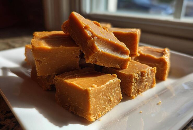 A stack of rich, caramel-colored penuche fudge squares piled on a white serving plate.