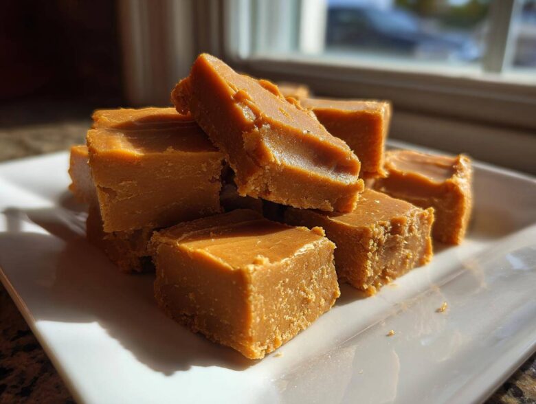 A stack of rich, caramel-colored penuche fudge squares piled on a white serving plate.
