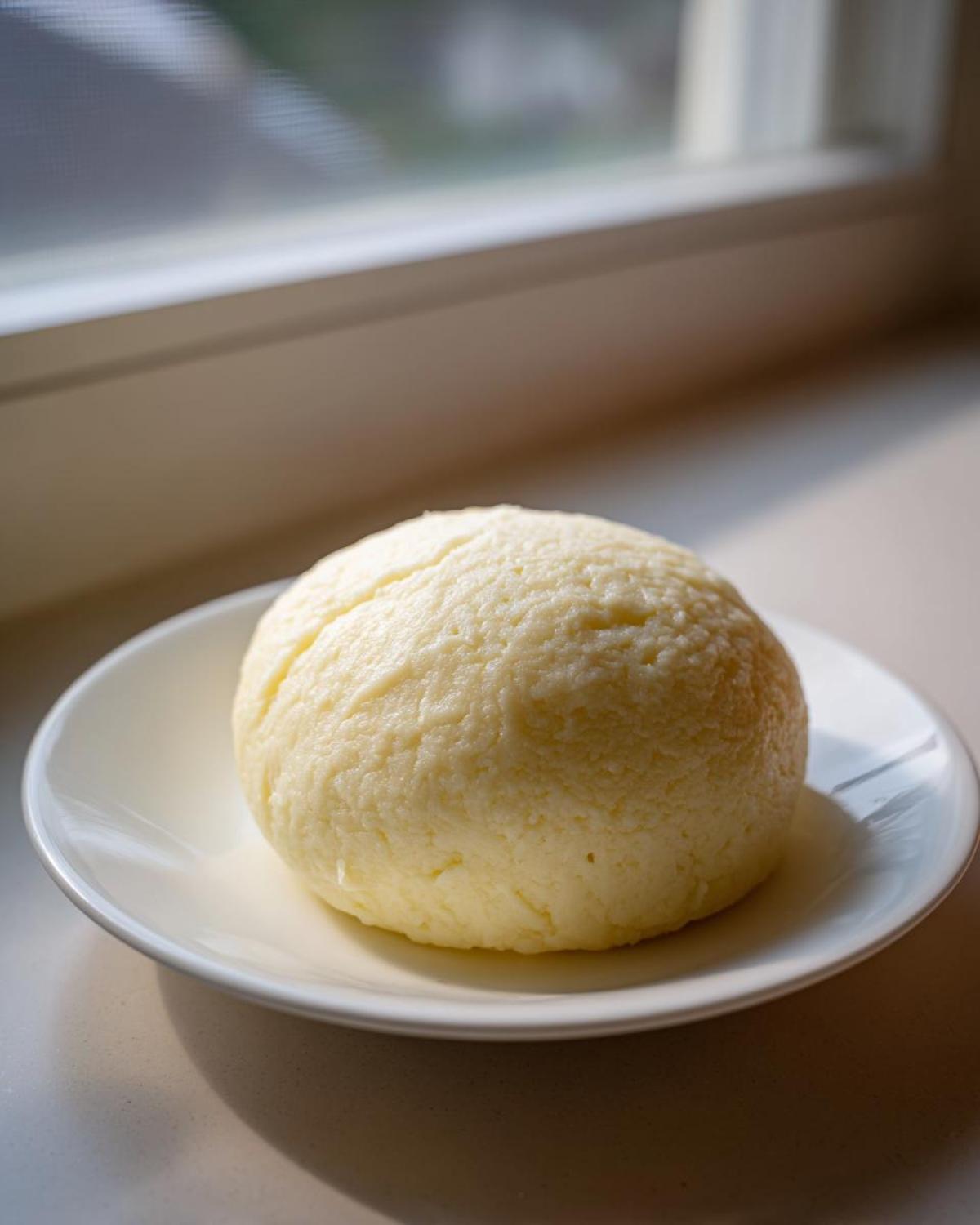 A smooth, pale yellow ball of freshly made fufu resting on a small white plate near a window.