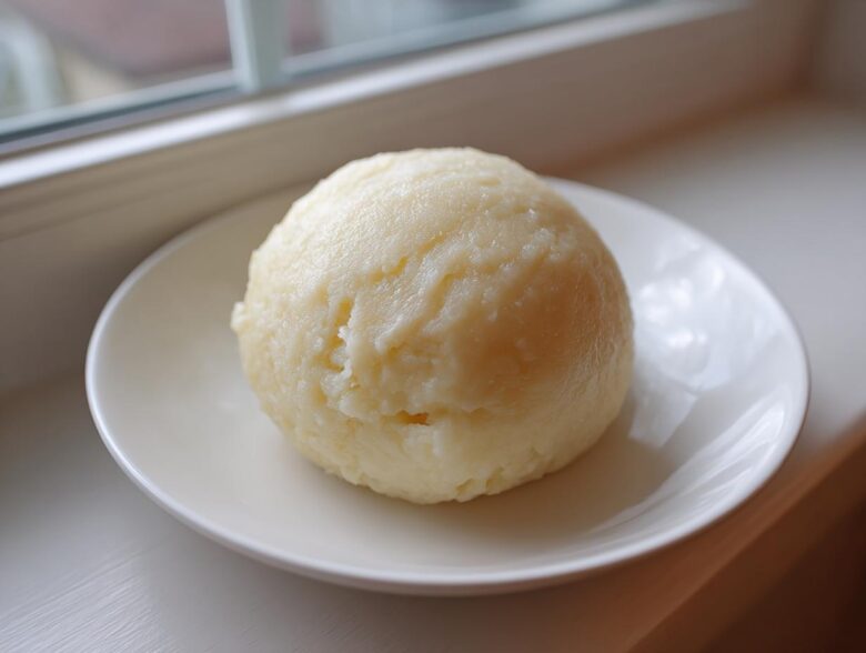 A smooth, round ball of homemade fufu served on a small white plate near a window.