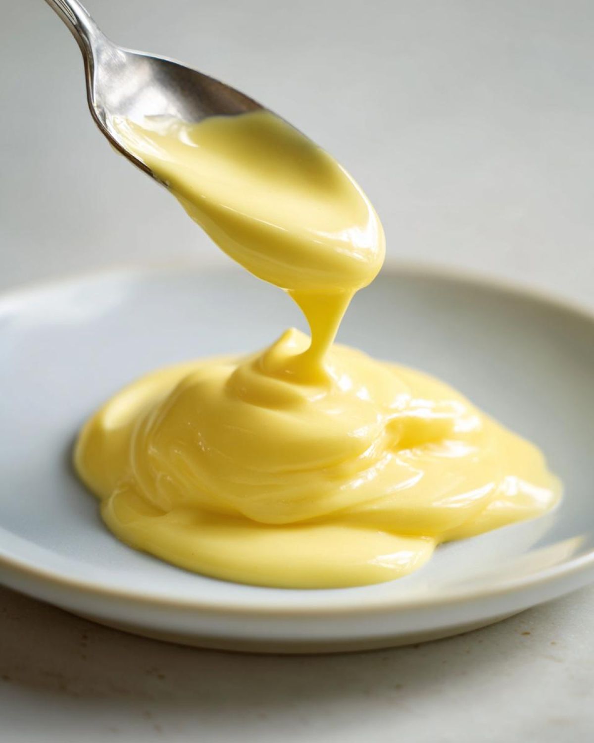 A spoonful of rich, yellow hollandaise sauce drips onto a small pile on a light blue plate.